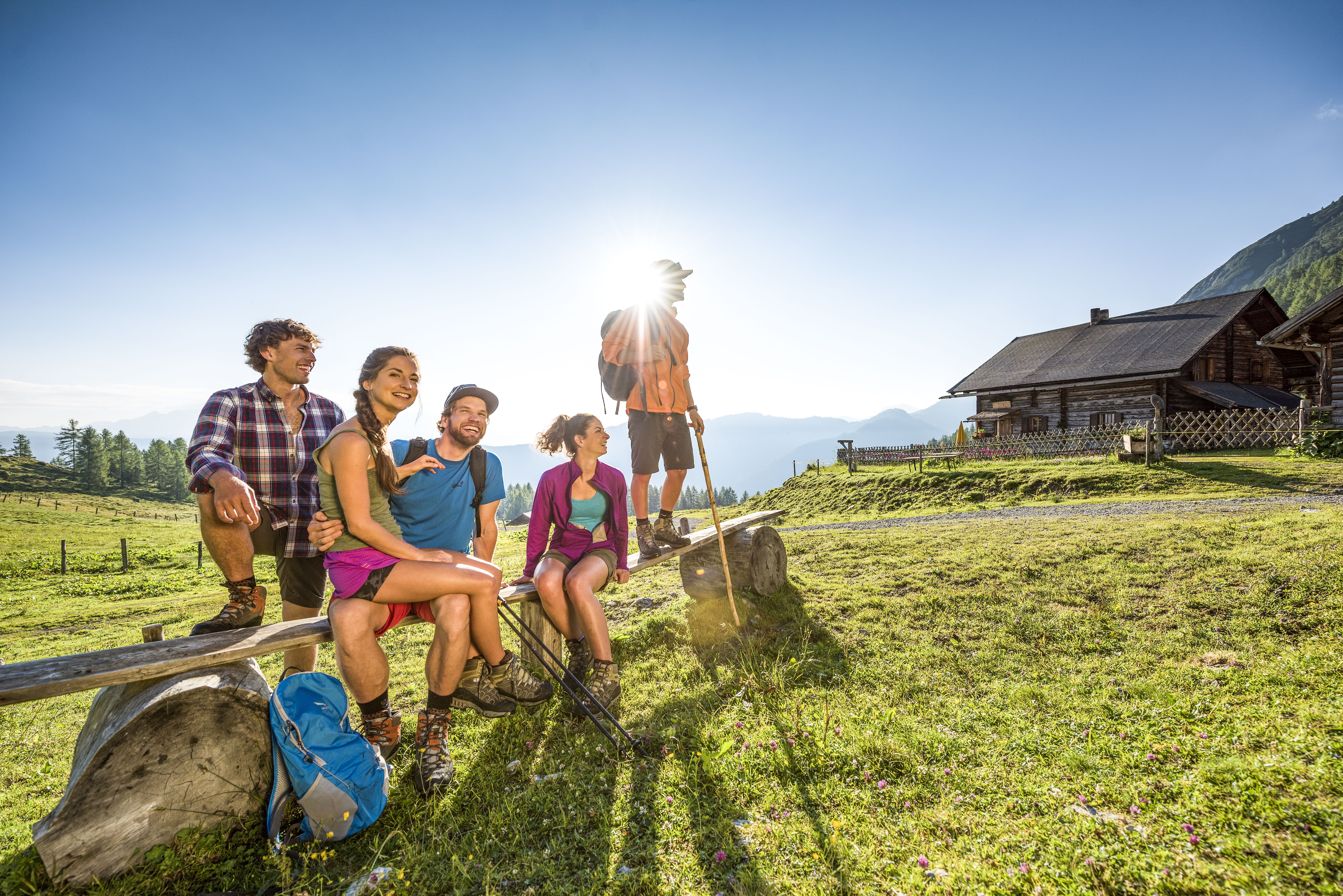 Grüne Almwiesen und gemütliche Hütten erwarten euch beim Wandern in der Flachauer Bergwelt.